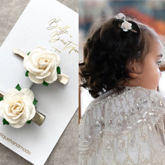 Fringe Clip - White Flower Hair Clips - wedding flower Clips - Small Clip - Fringe Clips - Baby clip - bridesmaid clip- White Wedding Clip