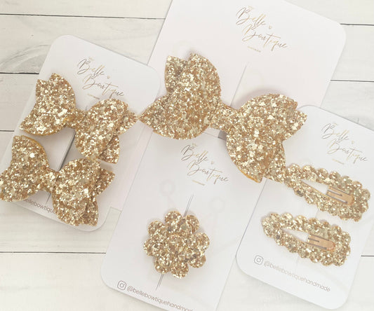 Classic Collection | Baby Gold Glitter Bow | Girls Headband | Toddler Hair Accessories | Newborn Bows | Gold Snap Clip | Gold Bobbles