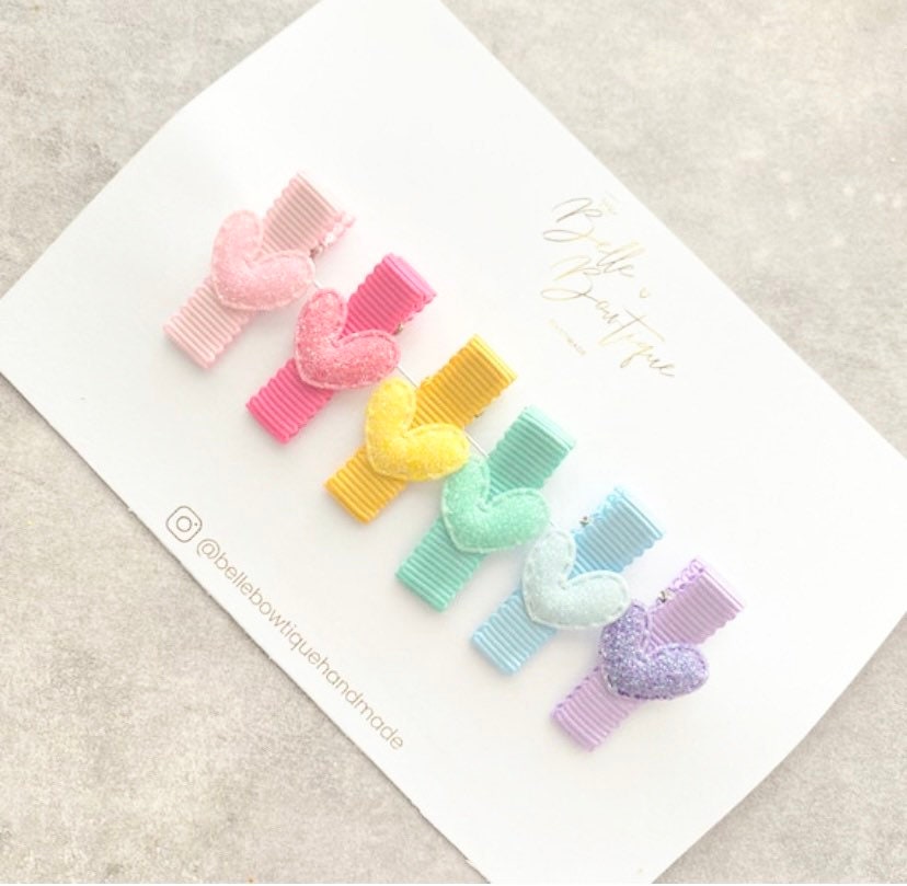 Rainbow Heart Ribbon Fringe Clips Pack of 6 - Small Clips - Mini Clips - Clip Pack - Baby Hair Clips - Toddler Hair Clips - Lined hair clip