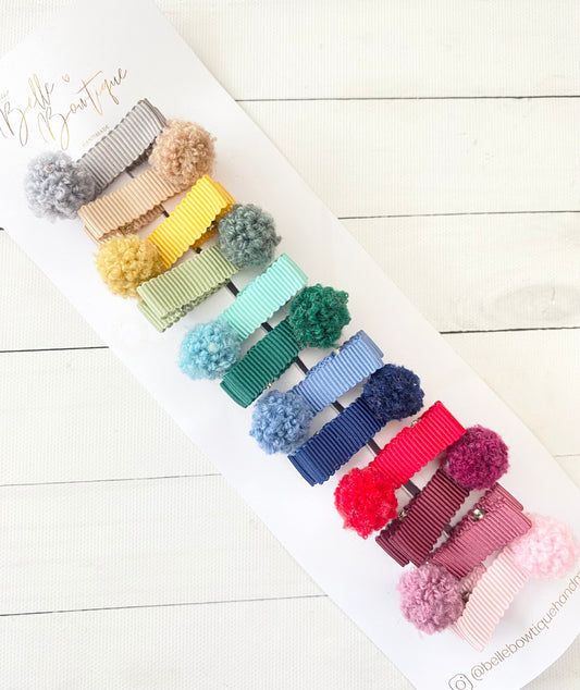 Ribbon pom pom fringe clips - toddler clips - baby hair clips - small ribbon clips - choose own colours - fully lined clips - mini clips