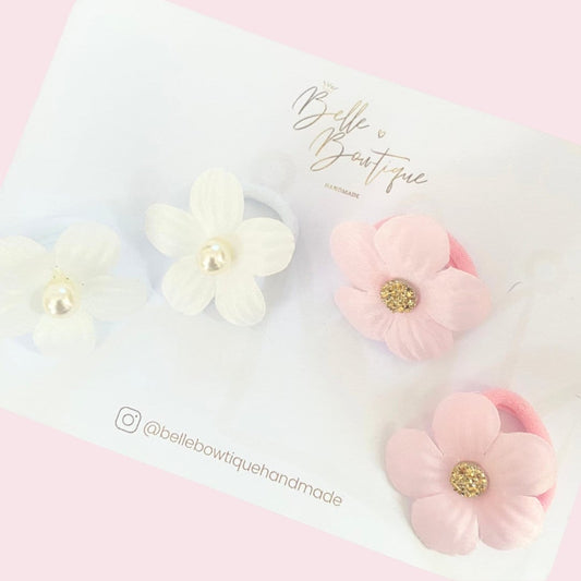 White Flower Hair Bobbles - Hair Ties - Pigtail Elastics - Piggy Bows - Pair of Toddler Hair Bobbles - Pink Flower - Girls Hair Accessories