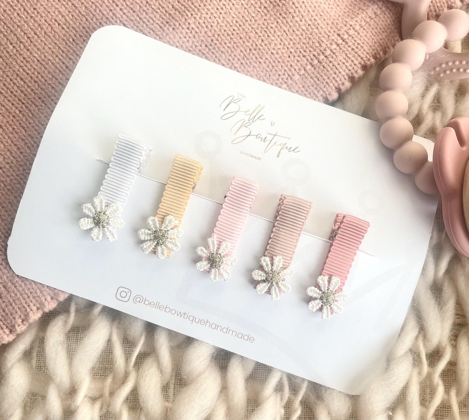 Fully Lined Flower Ribbon Fringe Clips, Small Soft Clips, Mini Fringe Clips for Toddlers and Babies , Small Hair Clips, Clip pack of 5