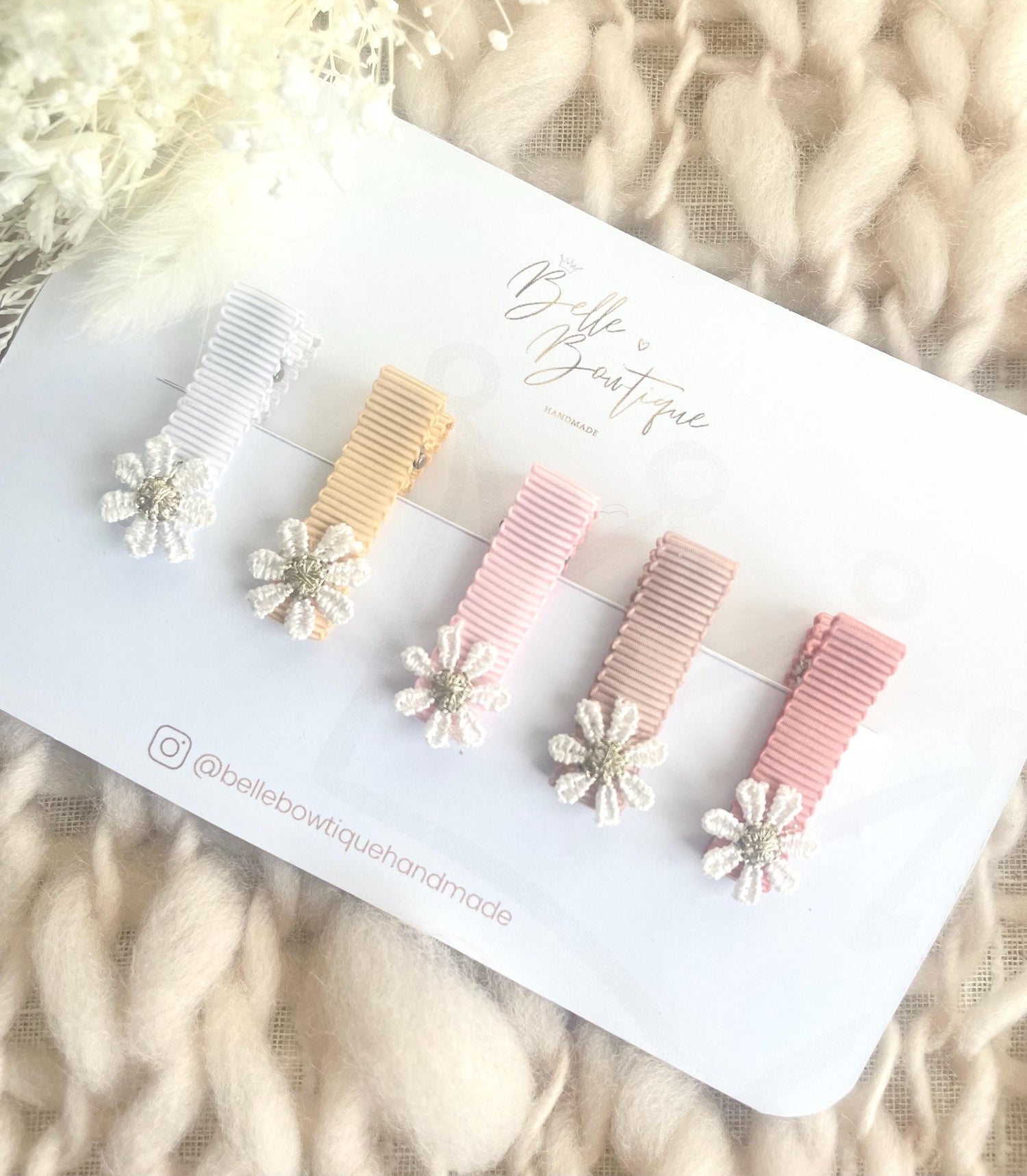 Fully Lined Flower Ribbon Fringe Clips, Small Soft Clips, Mini Fringe Clips for Toddlers and Babies , Small Hair Clips, Clip pack of 5
