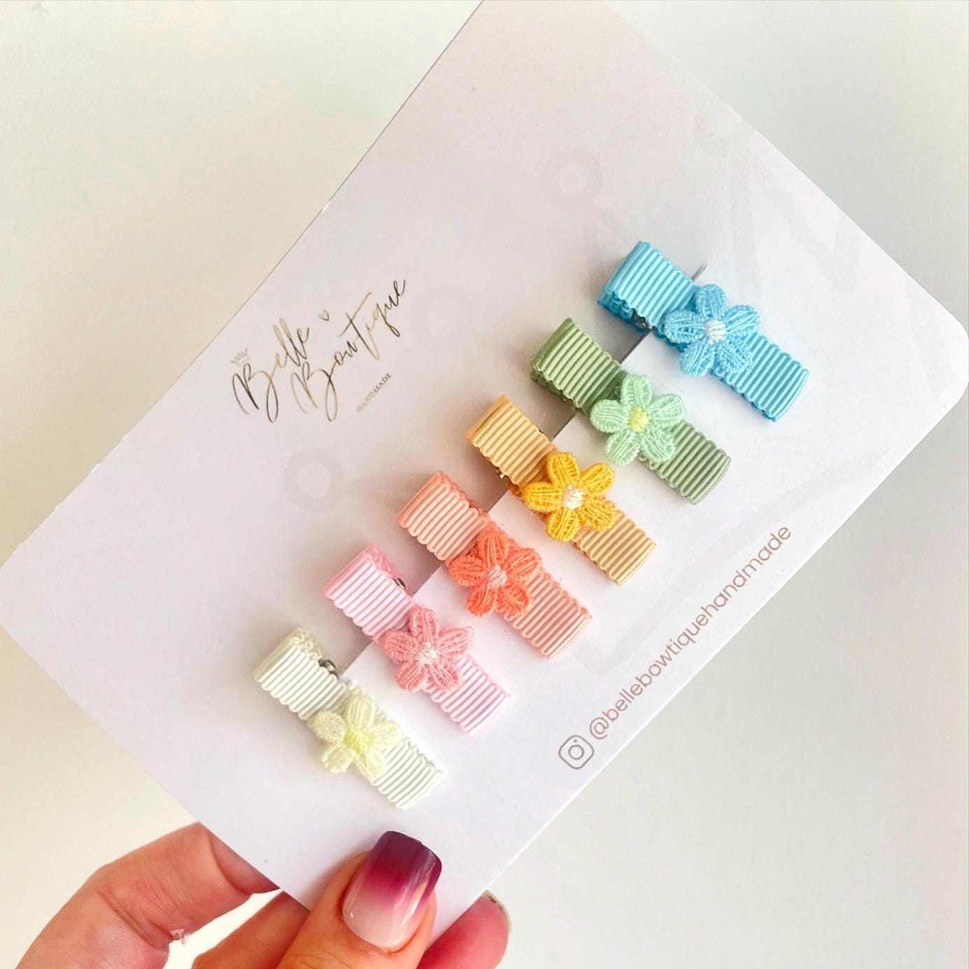 Fully Lined Ribbon Rainbow Flower Fringe Clips Small Soft Clips Mini Fringe Clips for Toddlers and Babies, Small Hair Clips, Clip pack of 6