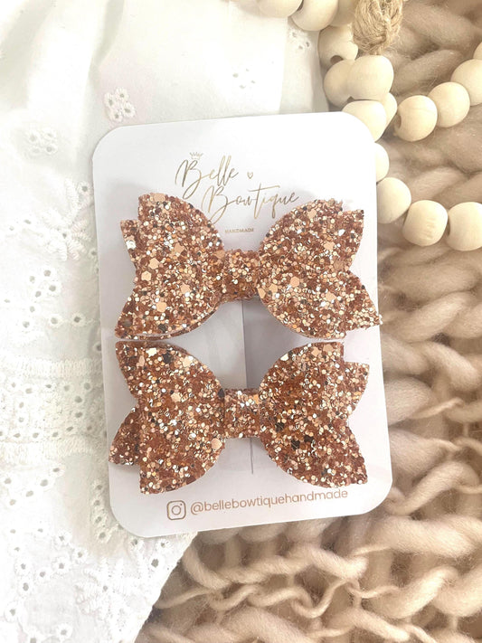 Rose Gold Bow Clips - Hair Clips - Pigtail Clips - Piggy Bow - Fringe Clips - Glitter Clips- Baby Bows - Hair Clips - Girls Hair Accessories