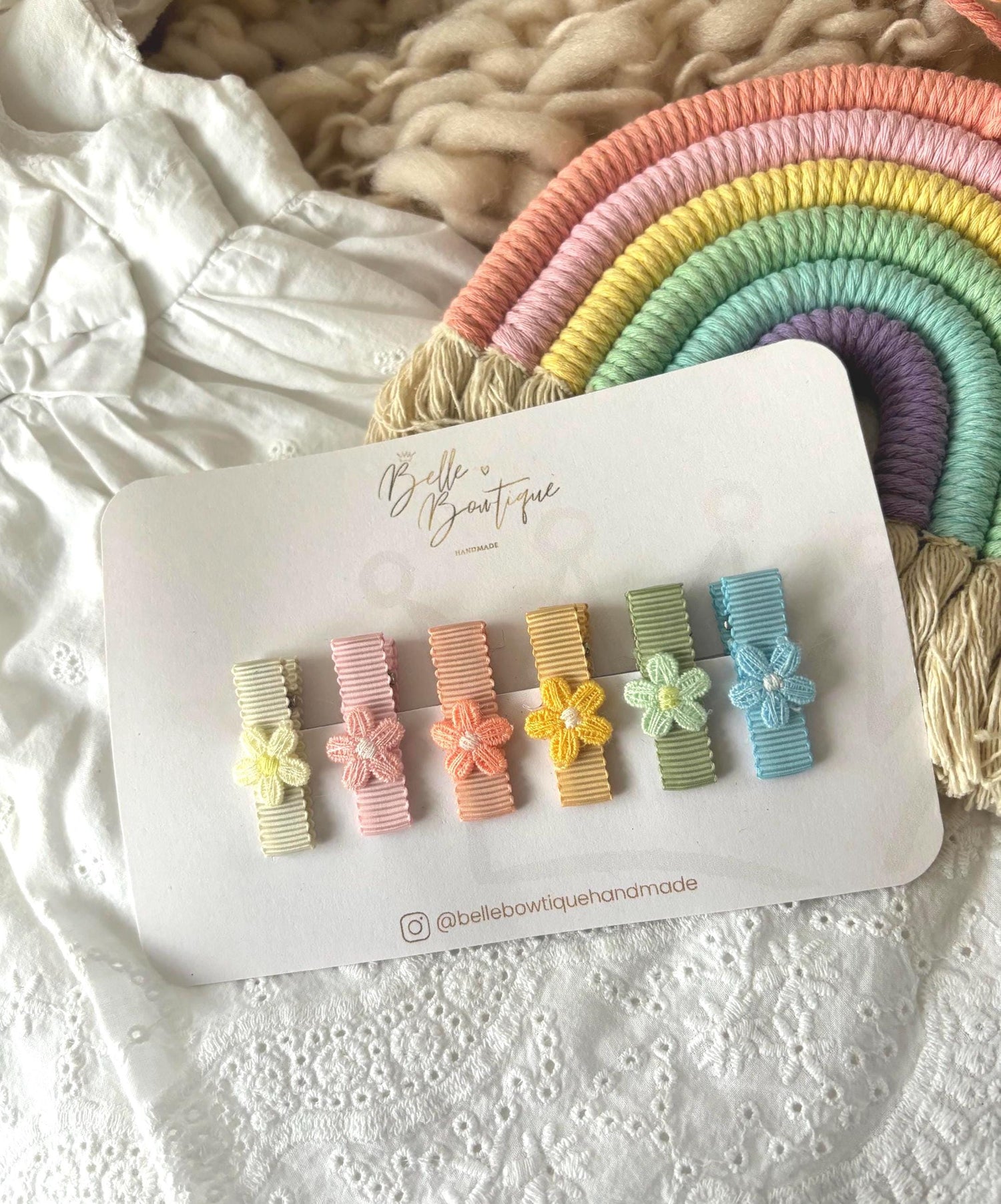 Fully Lined Ribbon Rainbow Flower Fringe Clips Small Soft Clips Mini Fringe Clips for Toddlers and Babies, Small Hair Clips, Clip pack of 6