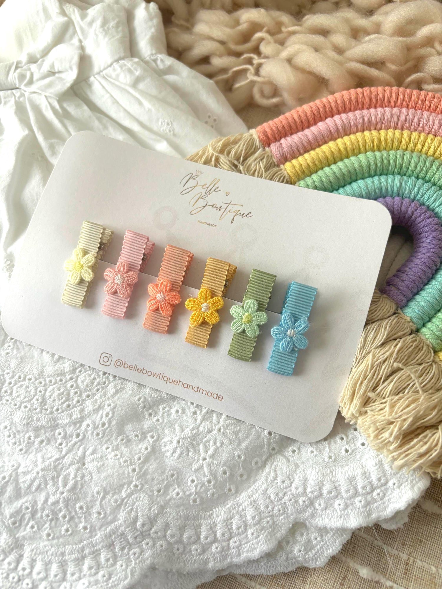 Fully Lined Ribbon Rainbow Flower Fringe Clips Small Soft Clips Mini Fringe Clips for Toddlers and Babies, Small Hair Clips, Clip pack of 6