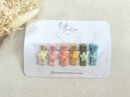 Fully Lined Ribbon Rainbow Flower Fringe Clips Small Soft Clips Mini Fringe Clips for Toddlers and Babies, Small Hair Clips, Clip pack of 6