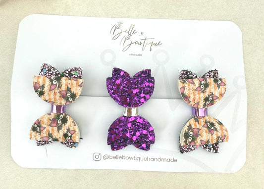 Halloween Bat Purple Mini Bow Hair Clips – Small Clips for Babies, Toddlers, and Girls