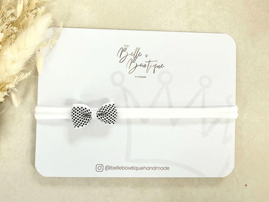 White Bow with Black Polka Dots headband nylon dainty headband baby headband baby girl headband white headband