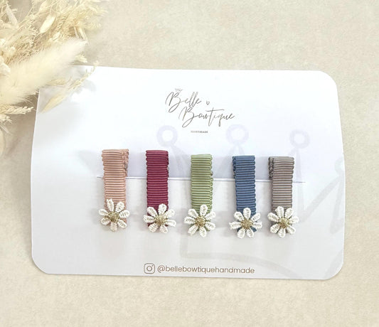 Fully Lined Flower Ribbon Fringe Clips, Small Soft Clips, Mini Fringe Clips for Toddlers and Babies , Small Hair Clips, Clip pack of 5