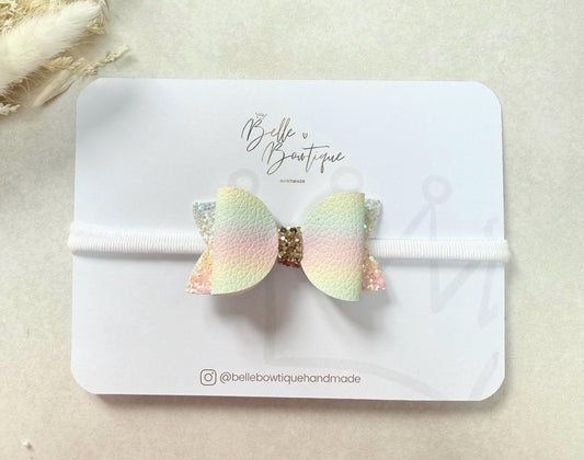 Rainbow Glitter Bow on white soft nylon Headband | Newborn Baby Headband one size baby toddler adult