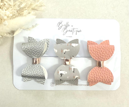 Handmade Hair Bow clip set for Girls and Toddlers in silver, peach and Seagull bird set of 3