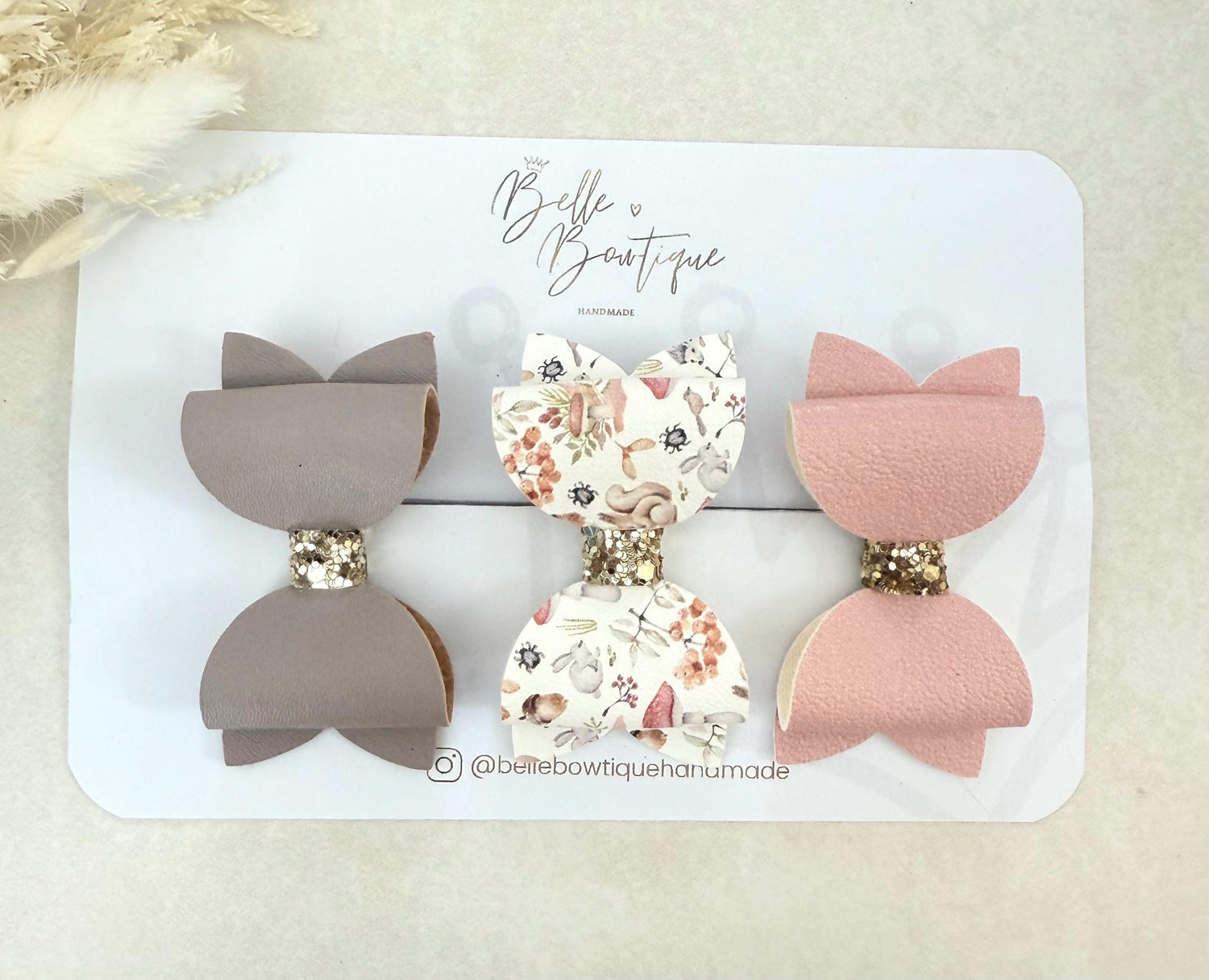 Handmade Hair Bow clip set for Girls and Toddlers in pink, mauve and autumn print fabric set of 3