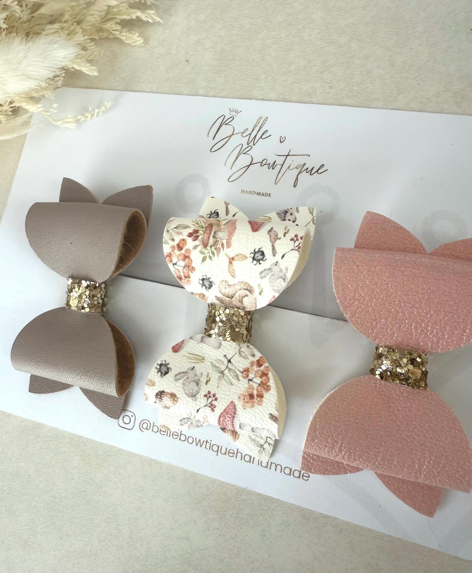 Handmade Hair Bow clip set for Girls and Toddlers in pink, mauve and autumn print fabric set of 3
