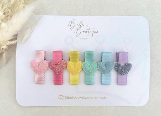 Rainbow Heart Ribbon Fringe Clips Pack of 6 - Small Clips - Mini Clips - Clip Pack - Baby Hair Clips - Toddler Hair Clips - Lined hair clip