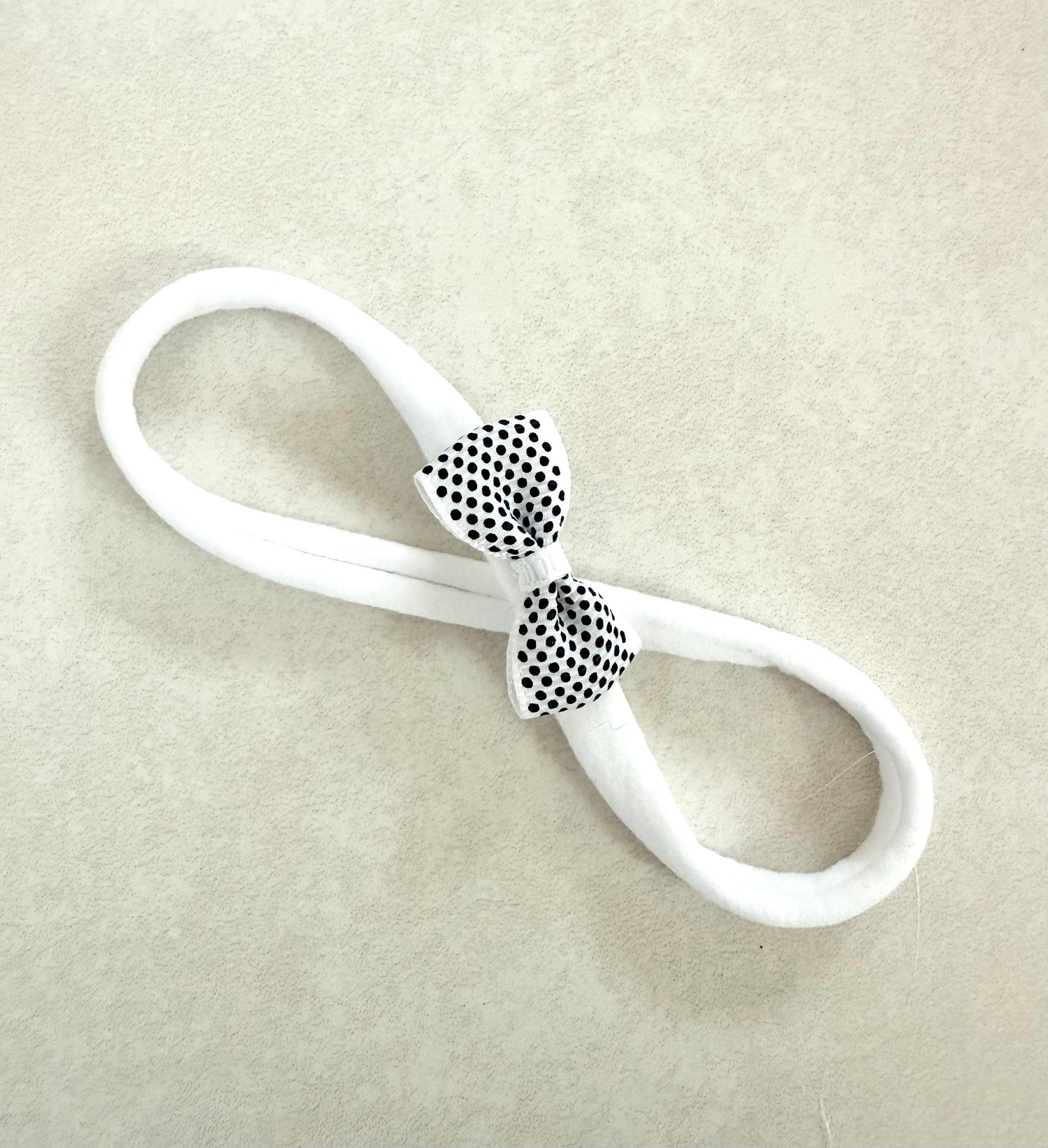 White Bow with Black Polka Dots headband nylon dainty headband baby headband baby girl headband white headband