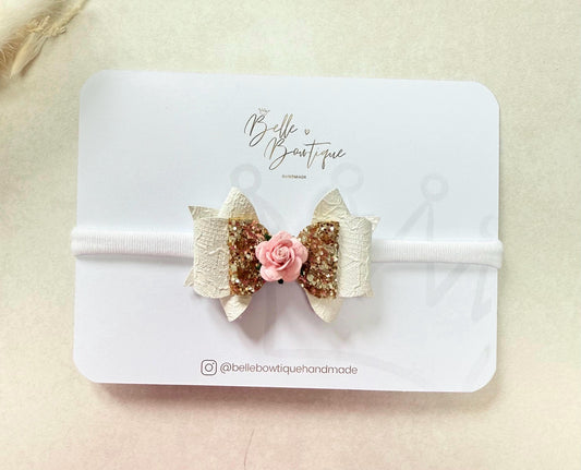 White Bow with Pink Rose Flower headband nylon dainty headband baby headband baby girl headband white headband