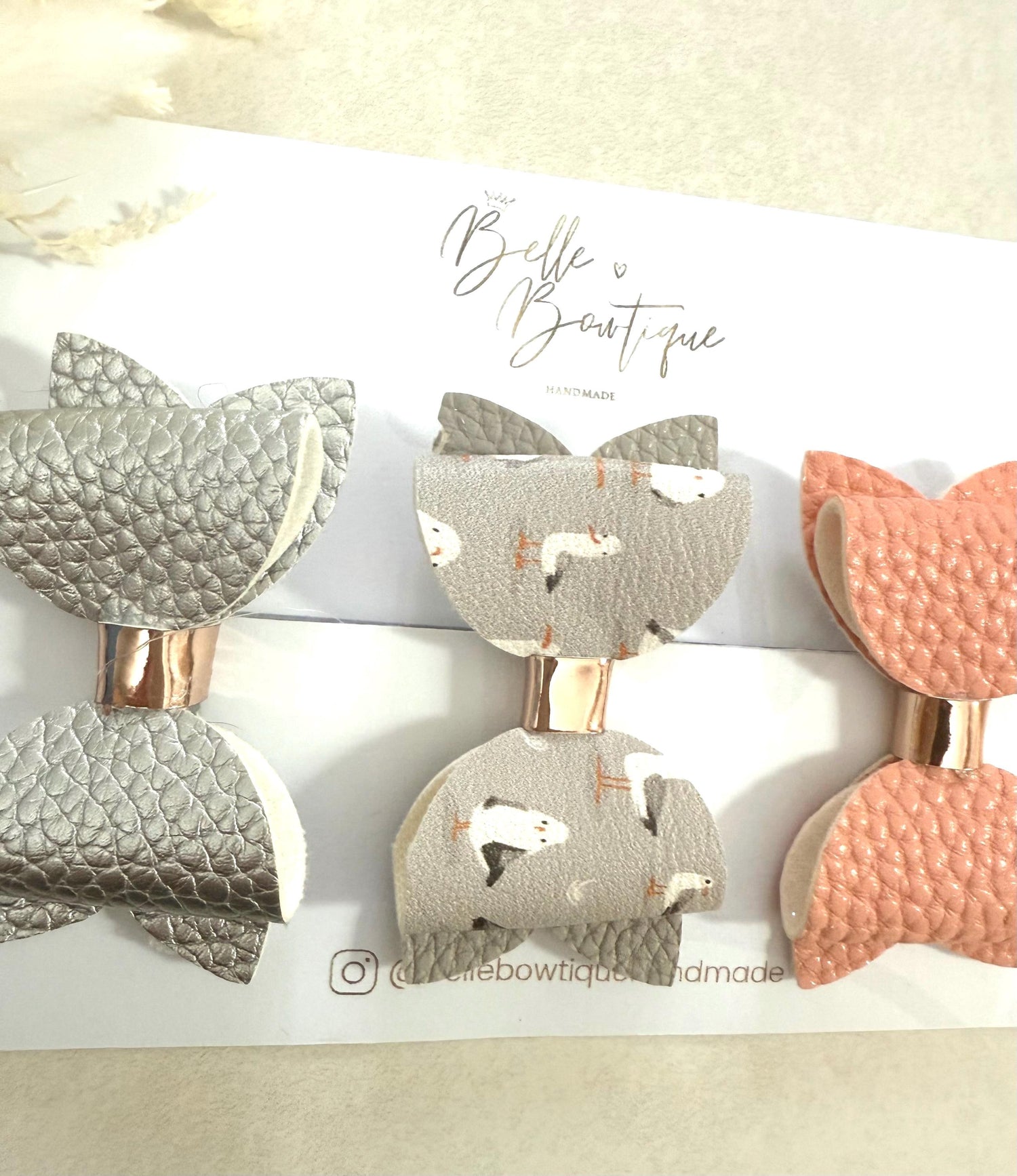 Handmade Hair Bow clip set for Girls and Toddlers in silver, peach and Seagull bird set of 3