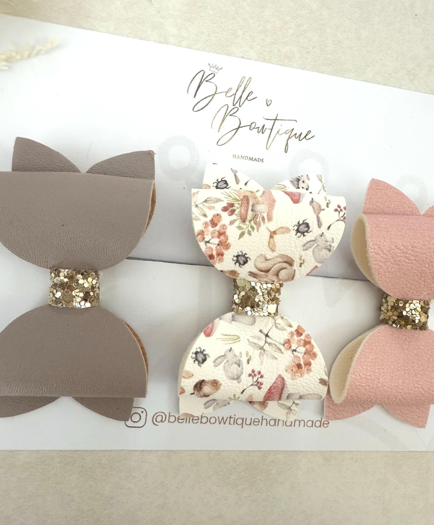 Handmade Hair Bow clip set for Girls and Toddlers in pink, mauve and autumn print fabric set of 3