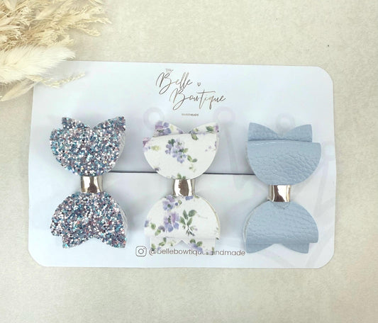 Girls Hair Clip Barrette Fringe Bow Clips Mint Floral Dusky Blue Small Bow- Mini Clip
