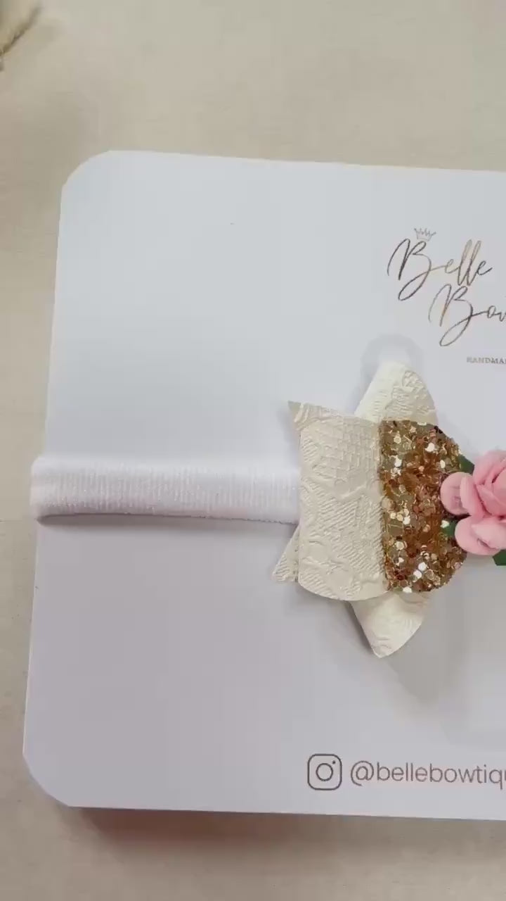 White Bow with Pink Rose Flower headband nylon dainty headband baby headband baby girl headband white headband