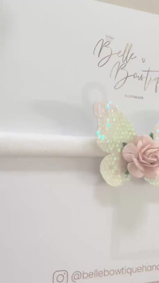 Pink and white butterfly baby headband on a soft  nylon dainty headband for toddlers, babies up to adult