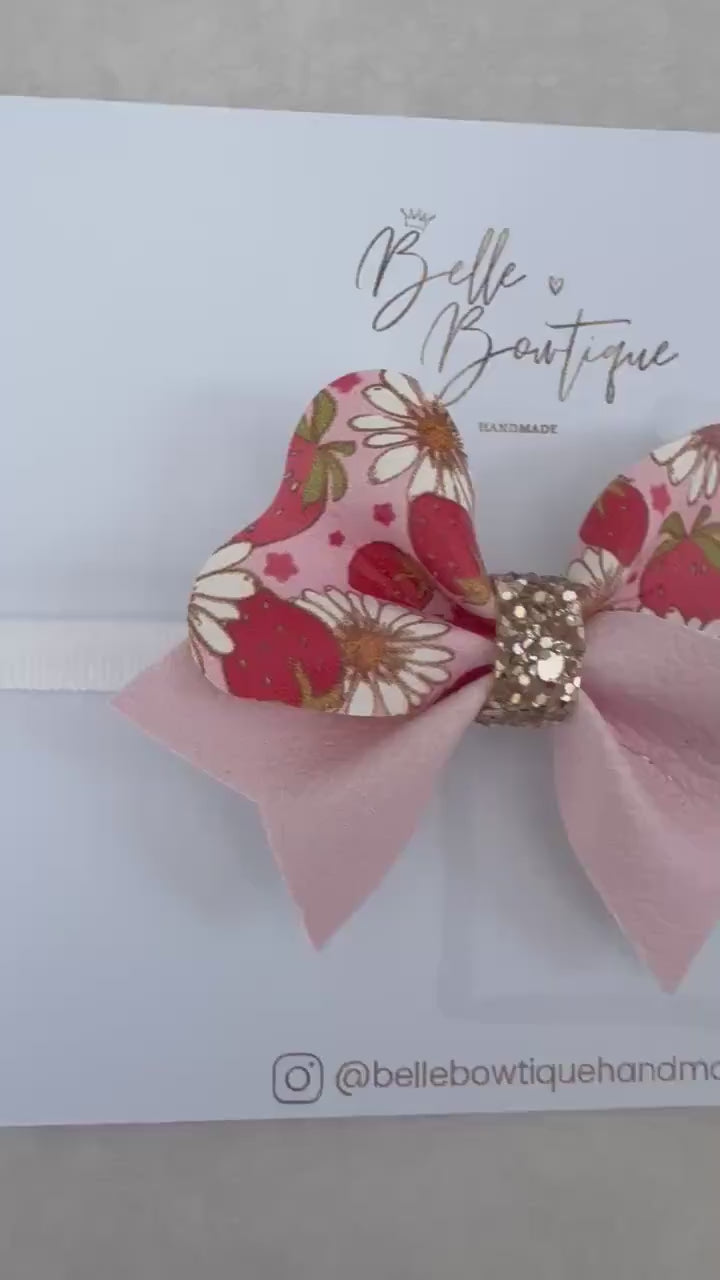 Pink Strawberry headband on a soft  nylon dainty headband for toddlers, babies up to adult