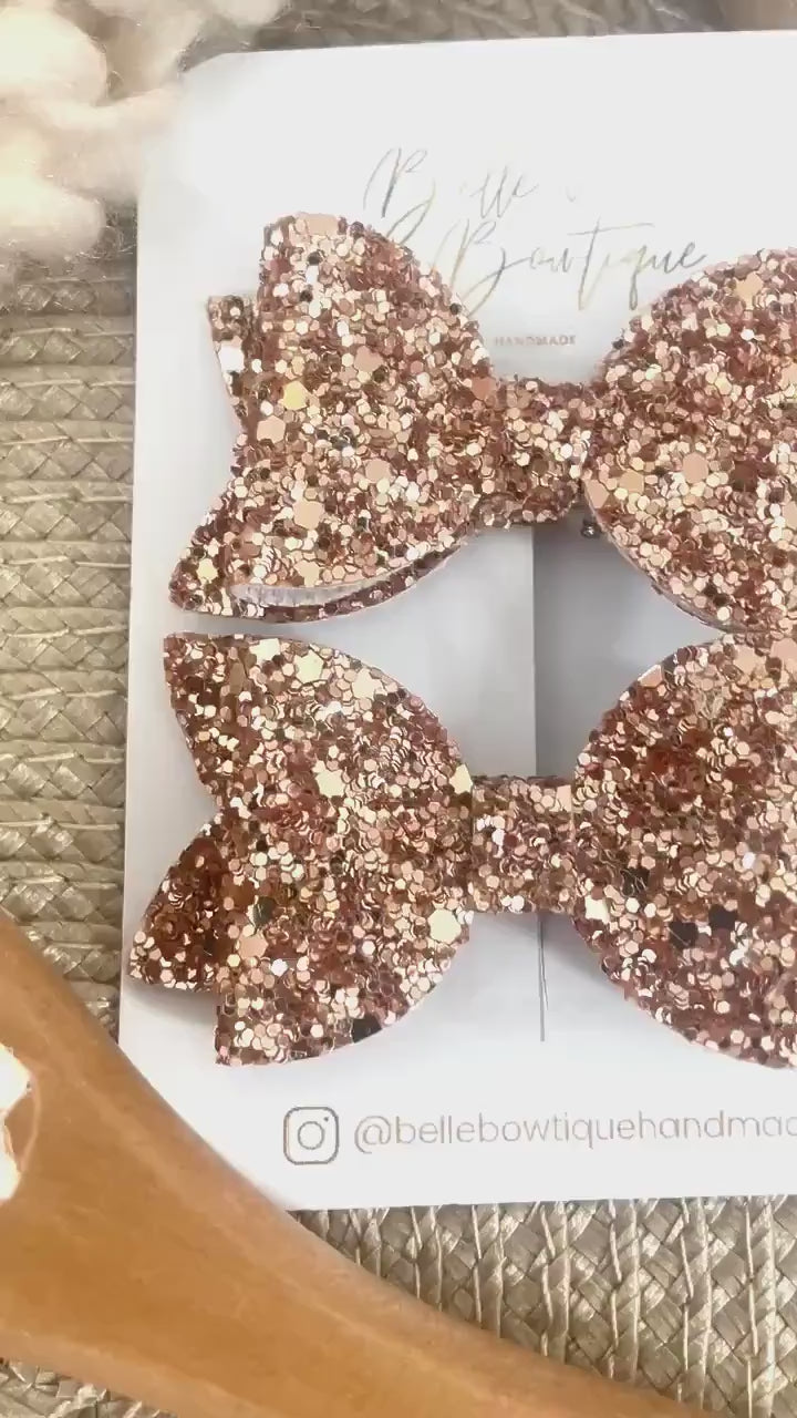 Rose Gold Bow Clips - Hair Clips - Pigtail Clips - Piggy Bow - Fringe Clips - Glitter Clips- Baby Bows - Hair Clips - Girls Hair Accessories