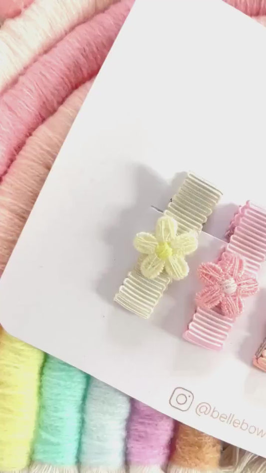 Fully Lined Ribbon Rainbow Flower Fringe Clips Small Soft Clips Mini Fringe Clips for Toddlers and Babies, Small Hair Clips,  Clip pack of 6