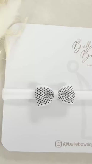 White Bow with Black Polka Dots headband nylon dainty headband baby headband baby girl headband white headband