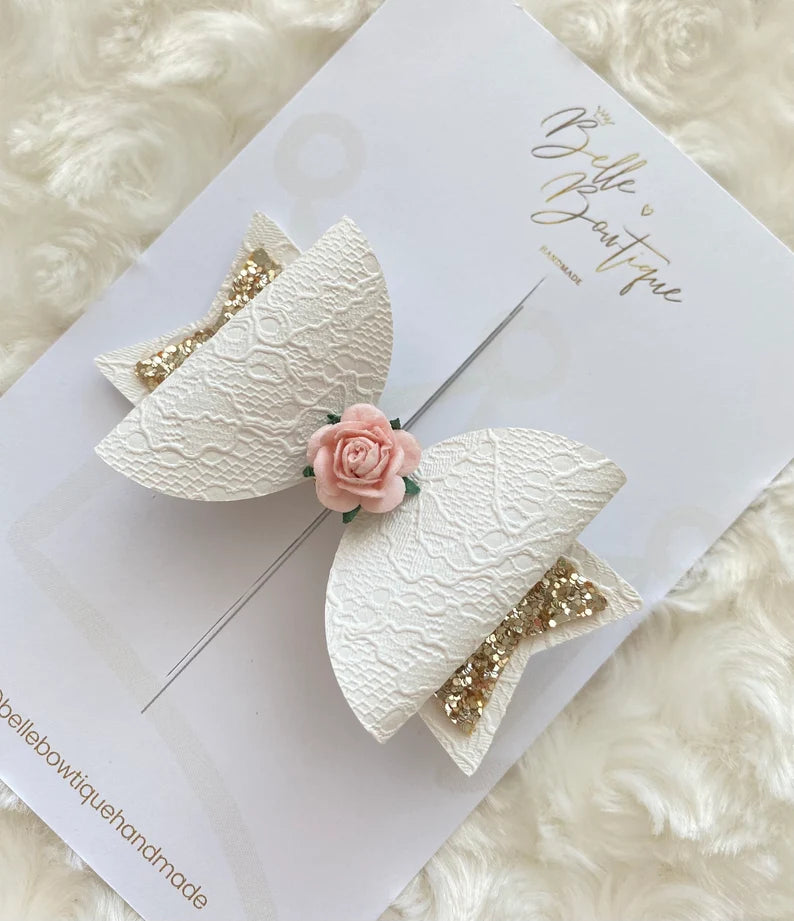 White Lace Gold Bow