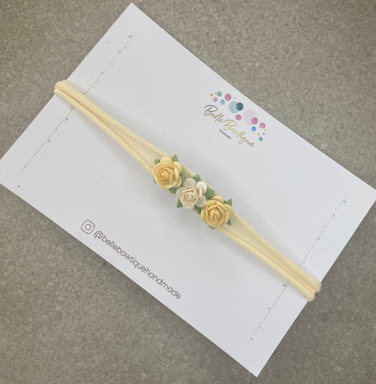 Simple newborn flower headband lemon and ivory open rose on cream soft nylon dainty headband