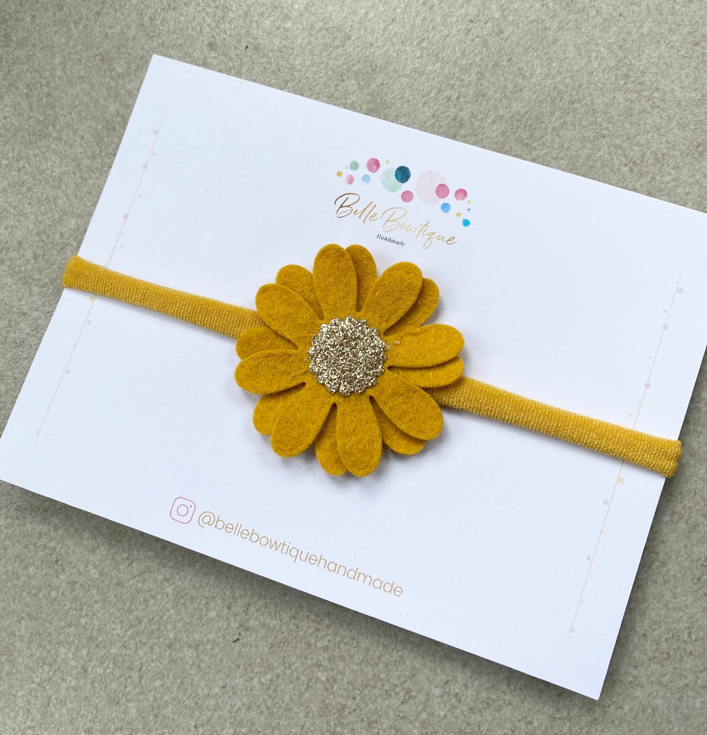 Simple newborn flower headband mustard yellow and gold soft nylon dainty headband felt flower daisy