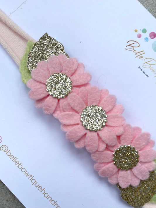 Pink Daisy Felt Flower with Gold Sparkle Centre Headband