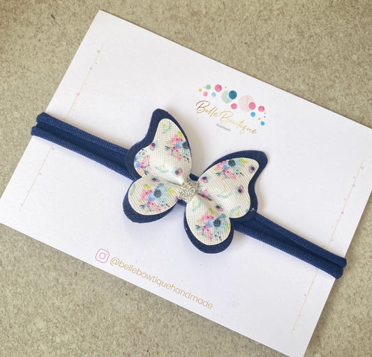 Navy butterfly babies headband girls headband white soft nylon headband bow gift flowers
