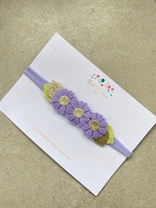 Purple daisy felt flower with gold sparkle centre  headband newborn + one size christening photo prop baptism