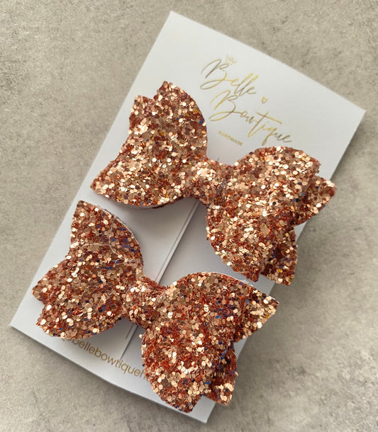Pair of Glitter Hair Bow Clips in Rose Gold