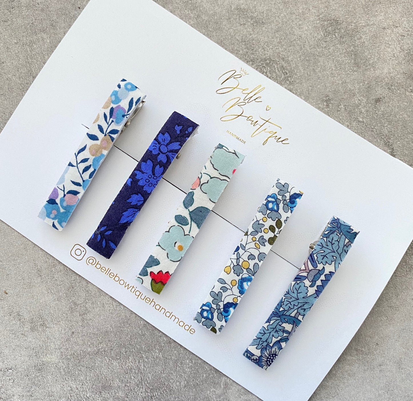 Liberty Collection | Pack of 5 Liberty of London Hair Fringe Clips | Floral Clips for girls |Handmade hair clips | Blues | Betsy Ann Fabric