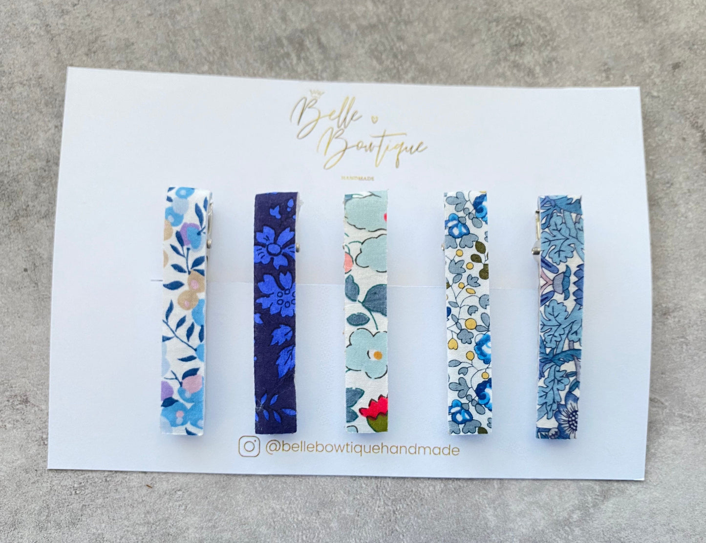 Liberty Collection | Pack of 5 Liberty of London Hair Fringe Clips | Floral Clips for girls |Handmade hair clips | Blues | Betsy Ann Fabric