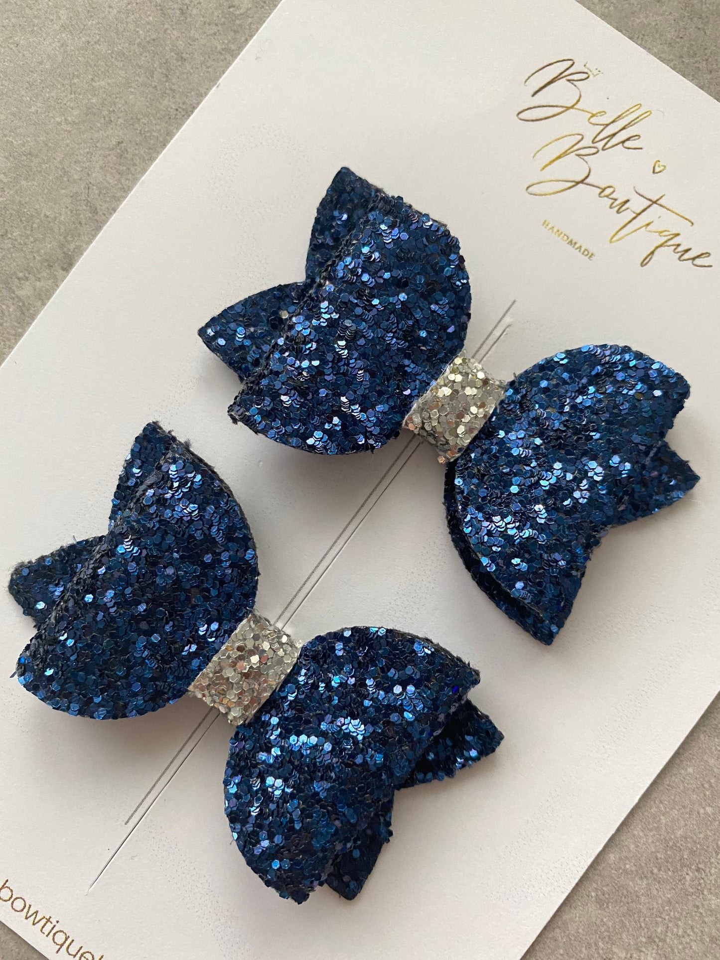 Girls Hair Clip | Navy Glitter Clip | Pair of Clips | Girls Bow Clips  | Navy Blue and Silver Small Bow | Mini Clip | Birthday Gift