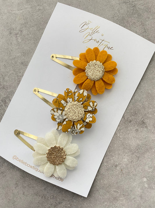 Girls Hair Clip Barrette Pair Fringe Bow Clips Floral Flower Liberty London Snap Clip Liberty Tana Lawn Capel mustard gold