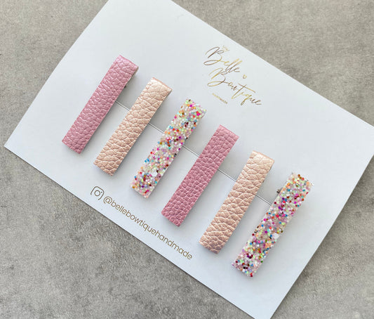 Girls Hair Clip Barrette Pack of 6 Pinks Glitter Fringe Clips two pairs Bar clips Pink Glitter Clip