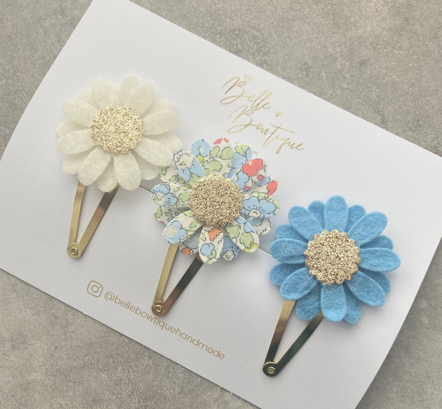 Girls Hair Clip Barrette Pair Fringe Bow Clips Floral Flower Liberty London Snap Clip Liberty Tana Lawn Betsy Blue Cream Gold