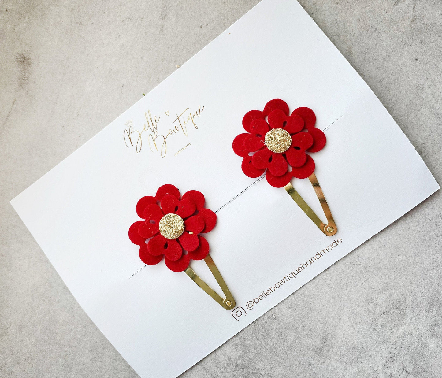 Fringe Clip - Red Gold Flower Hair Clips - Pigtail Clips - Small Clip - Baby Gift - Hair Clips - Girls Hair Accessories - School Clips Pair