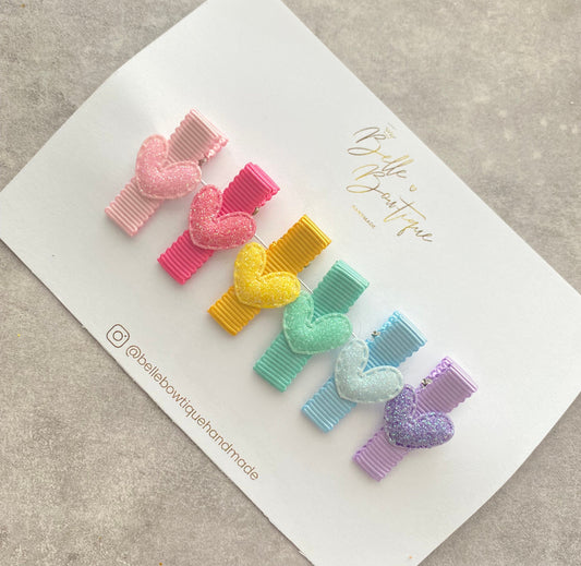 Rainbow Heart Ribbon Fringe Clips Pack of 6 - Small Clips - Mini Clips - Clip Pack - Baby Hair Clips - Toddler Hair Clips - Lined hair clip