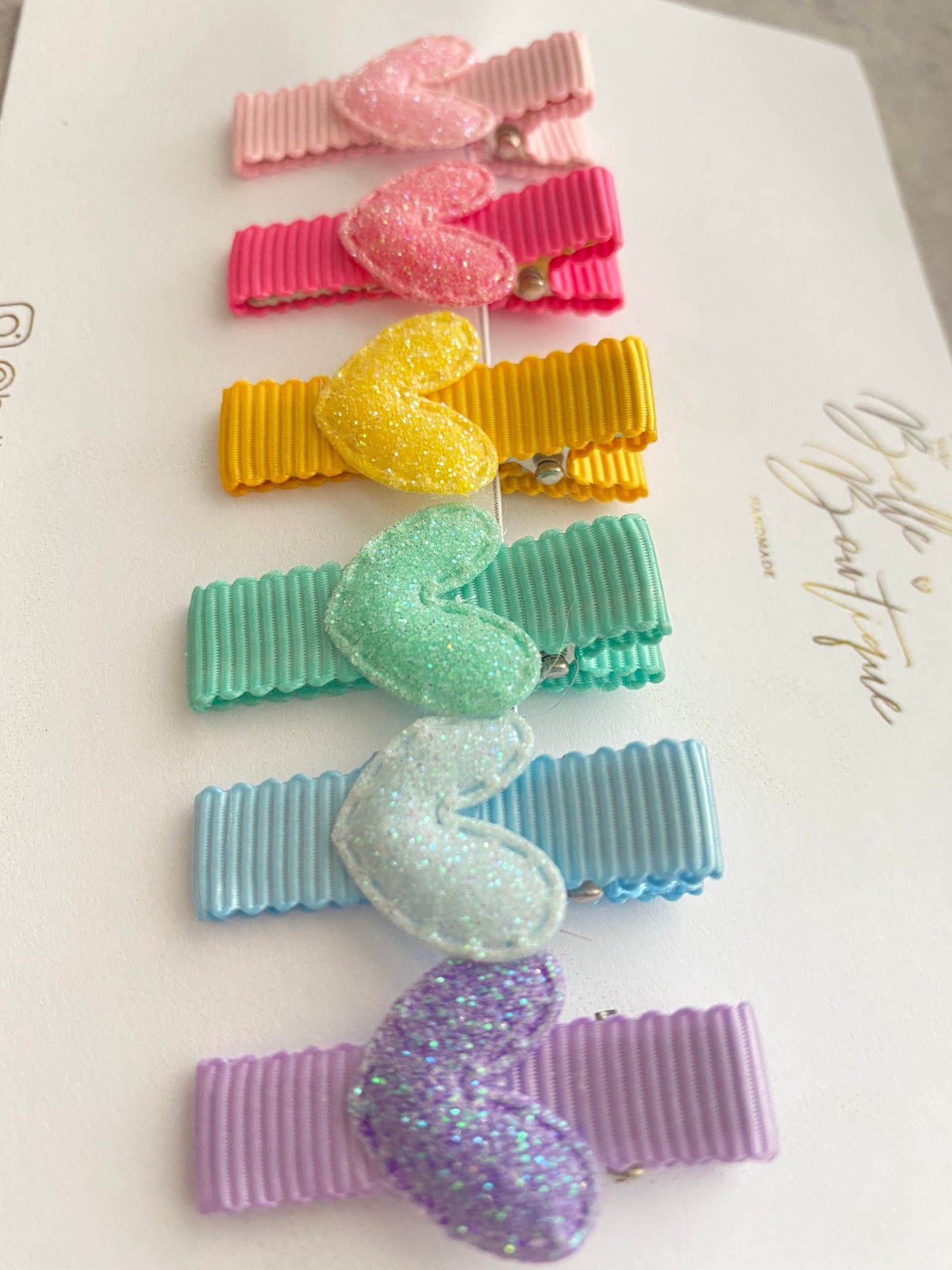 Rainbow Heart Ribbon Fringe Clips Pack of 6 - Small Clips - Mini Clips - Clip Pack - Baby Hair Clips - Toddler Hair Clips - Lined hair clip
