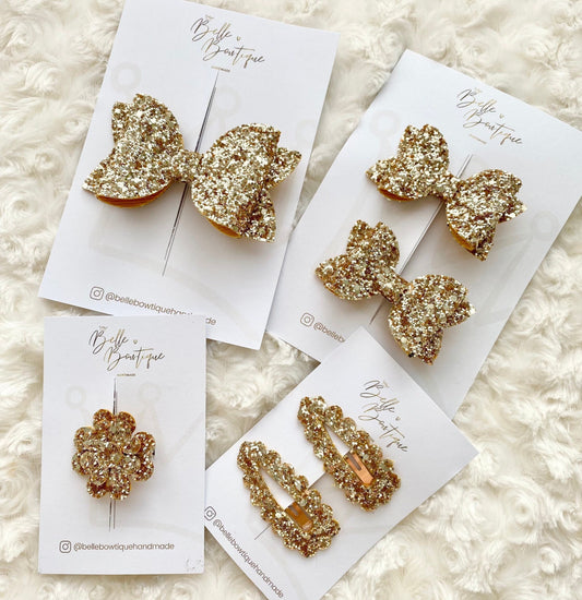 Classic Collection | Baby Gold Glitter Bow | Girls Headband | Toddler Hair Accessories | Newborn Bows | Gold Snap Clip | Gold Bobbles