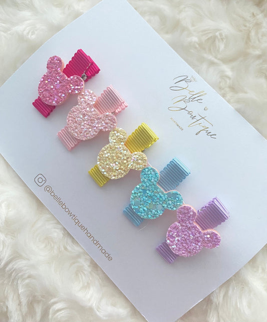 Rainbow Mickey Ribbon Fringe Clips Pack of 5- Small Clips - Mini Clips - Clip Pack - Baby Hair Clips - Toddler Hair Clips - Lined hair clip