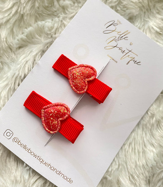 Red Heart fringe clips - mini clips - Hair clips for girls - small clips - toddler hair clips - baby hair clips - fully ribbon lined clips